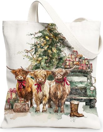 Generic Christmas Cow Canvas Tote Bags, Rustic Animal Design Reusable Grocery Bags, Holiday Vintage Lightweight Washable Shoulder S, White, 13x15 Inch