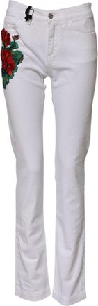 Dolce & Gabbana Womens White Floral Embroidery Girly Denim Jeans Cotton Elastane Clothing