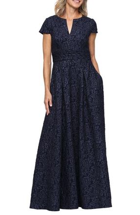Alex Evenings Embossed Short Sleeve Maxi Dress in Navy at Nordstrom, Size 10