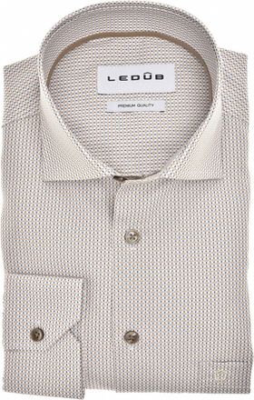 Led&ucirc;b Overhemd Ledub geprint bruin Modern Fit stretch en borstzak