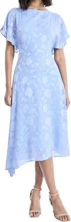 Maggy London Solid Flutter Sleeve Asymmetrical Hem Midi Dress In Azurine
