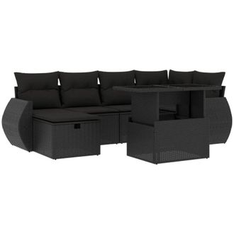 vidaXL Set De Sof&aacute;s De Jard&iacute;n 7 Pzas Con Cojines Rat&aacute;n Sint&eacute;tico Negro