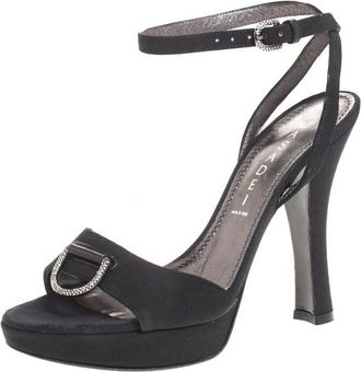 Casadei Black Grosgrain Fabric Crystal Embellished Platform Ankle Strap Sandals