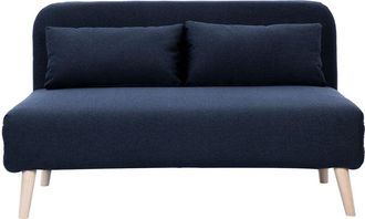 Miliboo Sof&aacute; Cama De 2 Plazas Convertible En Tela Azul Oscuro Y Madera Clara Amiko
