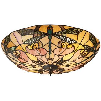 Loops Tiffany Glass Semi Flush Ceiling Light Dragonfly Round Inverted Shade i00032 in Clear