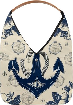 Generic Navy Blue White Anchor Vintage Reusable Lightweight Grocery Bags - Foldable Into Compact Pouch, Washable & Sturdy, Multipurpose for Shopping and Trave