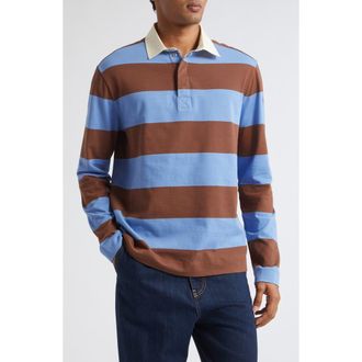 Moncler Long Sleeve Stripe Rugby Polo in Stripe Azure/brown at Nordstrom, Size Xx-Large