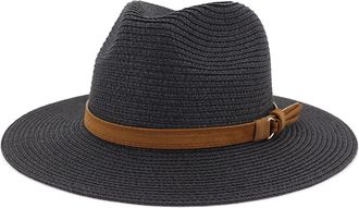 Generic Unisex Fedora Hats Belt Buckle Wide Brim Solid Color Sun Protection Summer Crochet Panama Hat Travel Hiking Beach Hats for Men Women Black