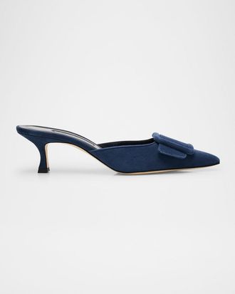 Manolo Blahnik Maysale Suede Buckle Mules