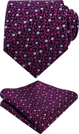 Alizeal Mens Floral Patterned Wedding Party Tie with Pocket Square 8cm Colorful Classic Business Tie Set, Magenta