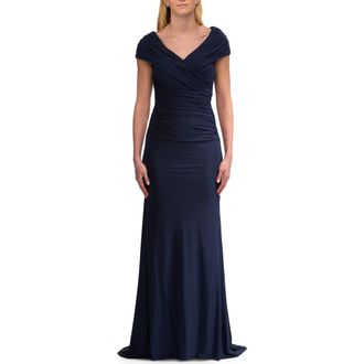 La Femme Off the Shoulder Ruched Net Jersey Evening Dress in Navy at Nordstrom, Size 12