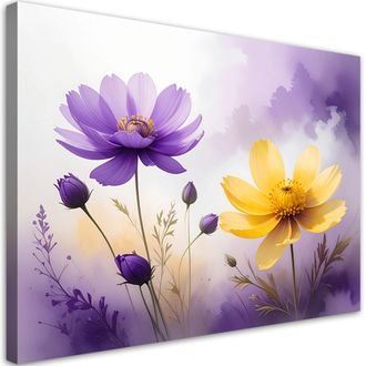 Feeby Cuadro En Lienzo Flores Amarillas Y Moradas En Acuarela Luminosa 100x70