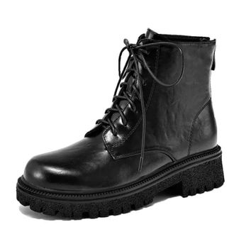 Generic Womens British Style Ankle Boots Round Toe Medium Block Heel Platform Slip On With Decorative Lace-Up Detail