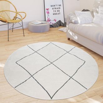 Paco Home Paco Home - Alfombra Sal&oacute;n Dise&ntilde;o Moderno Escandinavo Rombos Pelo Corto, Color Claro Blanco &Oslash; 160 Cm Redondo