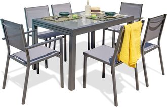 DCB Garden Tolede - Conjunto De Comedor 6 Pl De Aluminio Y Tablero De Vidrio - Dcb Garden