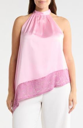 Renee C Sleeveless Lace Trim Satin Asymmetric Top in Barbie Pink at Nordstrom Rack, Size 3X