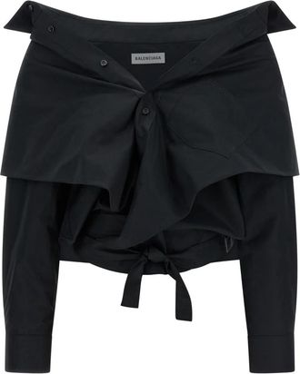 Balenciaga Crop Shirt Off the Shoulder - Dames - Overhemden - Zwart - 2XS - Katoen - Overhemden