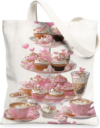 Generic Peach Dessert Canvas Tote Bags, Floral Cupcake Pattern Reusable Grocery Bags, Vintage Elegant Lightweight Washable Shoulder, Peach, 13x15 Inch