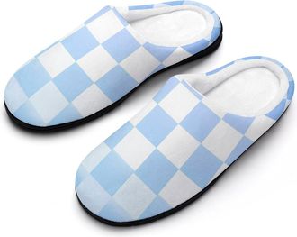 Generic Blue Gradient Checkerboard Pattern Slippers Men Winter Warm Cotton Anti-Slip Indoor Slip-Ons House Shoes