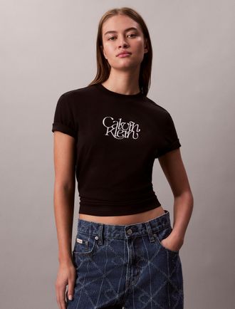 Calvin Klein Jeans T-Shirt CALVIN KLEIN JEANS SS FITTED SCRIPT CALVIN KLEIN TE, Damen, Gr. XXL (46), schwarz, Web, Obermaterial: 100% Baumwolle, unifarben, regular fit n