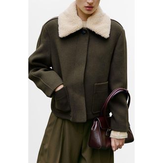 Mango Jacket with Removable Faux Shearling Collar in Khaki Green at Nordstrom, Size Xx-Large