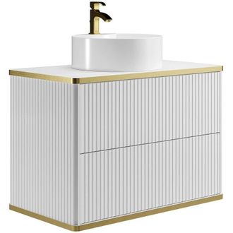 Vente-Unique Mobile per bagno sospeso con scanalature con profilo dorato e lavabo da appoggio tondo Bianco 80 cm - KELIZA