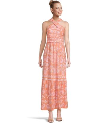 Lilly Pulitzer Montecito Halter Maxi Dress Womens Papaya Breezy Palm KFC866