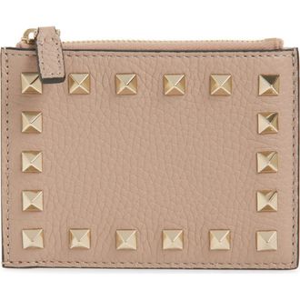 Valentino Garavani Rockstud Leather Coin Card Case in Poudre at Nordstrom