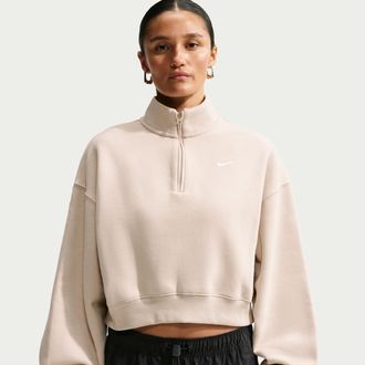 Nike Womens Studio Fleece Medium Weight Oversized 1/4-Zip Cropped Top in Brown | IM8501-236