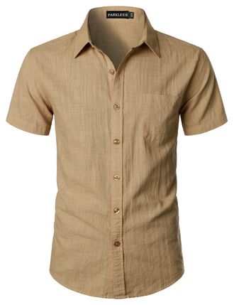 PARKLEES Mens Fitted Cotton Linen Casual Short Sleeve Button Up Shirts Lightweight Beach Tops with Pocket EU-PZLSC34-Khaki XXX-Large