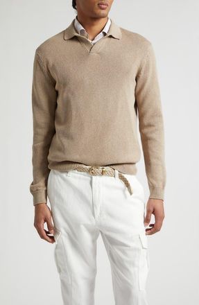 Eleventy Cotton & Silk Polo Sweater in 03 Taupe at Nordstrom, Size Xxx-Large