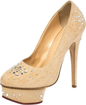 Charlotte Olympia Beige Canvas Crystal Embellished Dolly Platform Pumps