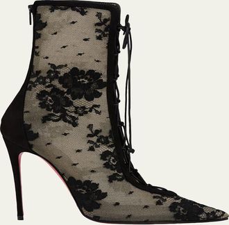 Christian Louboutin 100mm KM Lace Floral Mesh Red Sole Booties