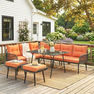 OUTSUNNY Sectional Outdoor Furniture with Glass Top Table, Orange | Size: 240