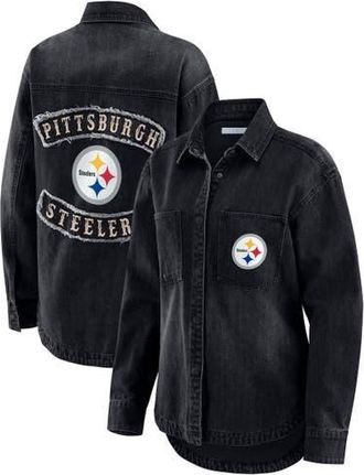 WEAR by Erin Andrews Womens WEAR by Erin Andrews Black Pittsburgh Steelers Washed Oversized Denim Full-Snap Shacket at Nordstrom, Size Xx-Large