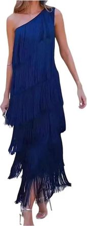 Generic Fringe Dress Tassel Design Dress Elegant Fringed Evening for Women One Shoulder Maxi Cocktail Party Prom Dance(Blue,L)