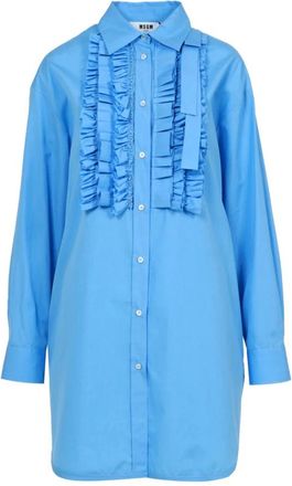 Msgm Lichtblauwe Gerimpelde Katoenen Overhemd - Dames - Shirt Kleedjes - Blauw - S - Katoen - Kleedjes