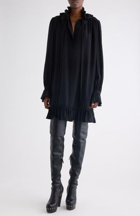 Chlo&eacute; Long Sleeve Organic Silk Cr&ecirc;pe de Chine Minidress in Black at Nordstrom, Size 10 Us