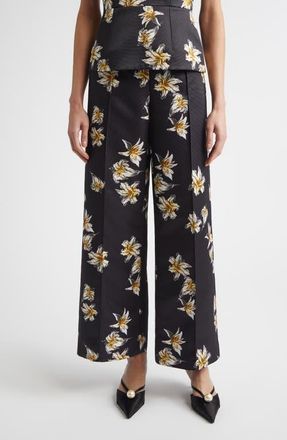 Emilia Wickstead Daffy Floral Faille Wide Leg Pants in Festive Lilies Black Yellow at Nordstrom, Size 12 Us