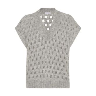 Brunello Cucinelli Truien & Vesten, Dames, Grijs, M, Grijze V-hals Mouwloze Gebreide Trui