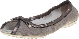 Tod's Tods Grey/metallic Canvas And Leather Bow Open Toe Flats