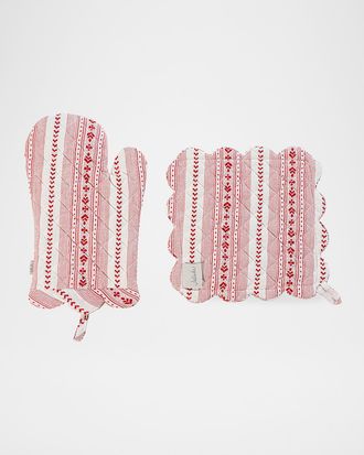 Juliska Villa Stripe Ruby Oven Mitt and Pot Holder 2pc Set