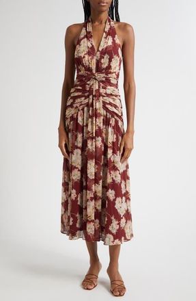 Cinq à Sept Mae Bouquet Floral Print Halter Dress in Wineberry Multi at Nordstrom, Size 14