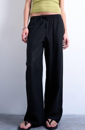 Topshop Linen Blend Straight Leg Pants in Black at Nordstrom, Size 10 Us