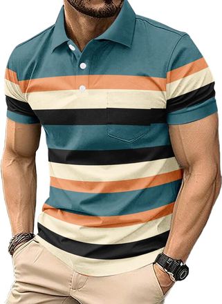 Generic Mens Casual Polo Shirts Short Sleeve Fashion Golf Shirt Classic Striped Slim Fit T-Shirts (UK, Alpha, 3XL, Regular, Regular, 1)