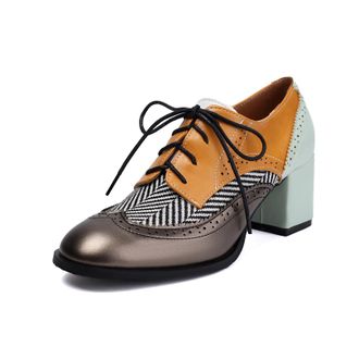 Generic Womens PU Leather Brogue Derbys Lace-Up Vintage Oxford Shoes Chunky High Heel Office Shoes,Grey,5.5 UK