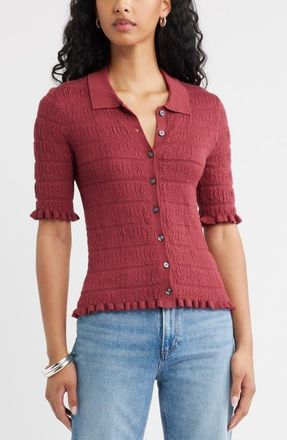 Open Edit Textured Short Sleeve Cardigan in Red Ruby at Nordstrom, Size Xx-Small