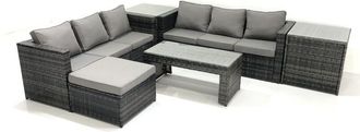 Fimous Garden Outdoor Rattan Furniture Set with Sofa Coffee table Big Footstool 2 Side Tables Dark Grey Mixed - Fimous