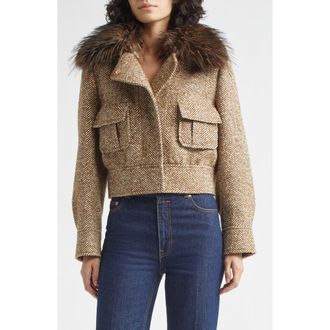 Zimmermann Valiant Crop Faux Fur Collar Herringbone Jacket in Camel at Nordstrom, Size 0