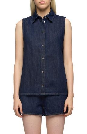 7 For All Mankind Sleeveless Cotton & Linen Denim Snap-Up Shirt in Blossom at Nordstrom, Size Medium